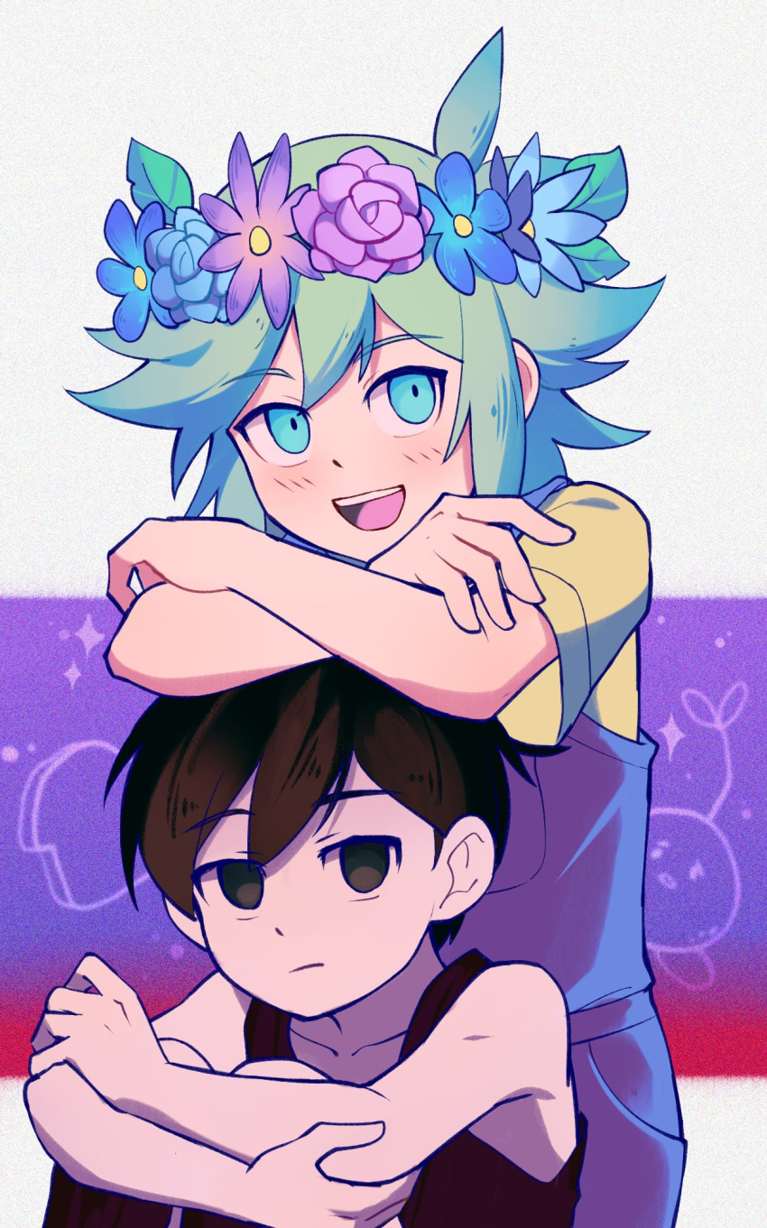 2boys basil_(omori) black_eyes black_hair blue_overalls blush brick_st closed_mouth collarbone colored_skin crossed_arms expressionless flower green_eyes green_hair head_wreath highres multiple_boys omori omori_(omori) open_mouth overall_shorts overalls shirt short_hair short_sleeves smile tank_top teeth upper_teeth_only white_skin yellow_shirt
