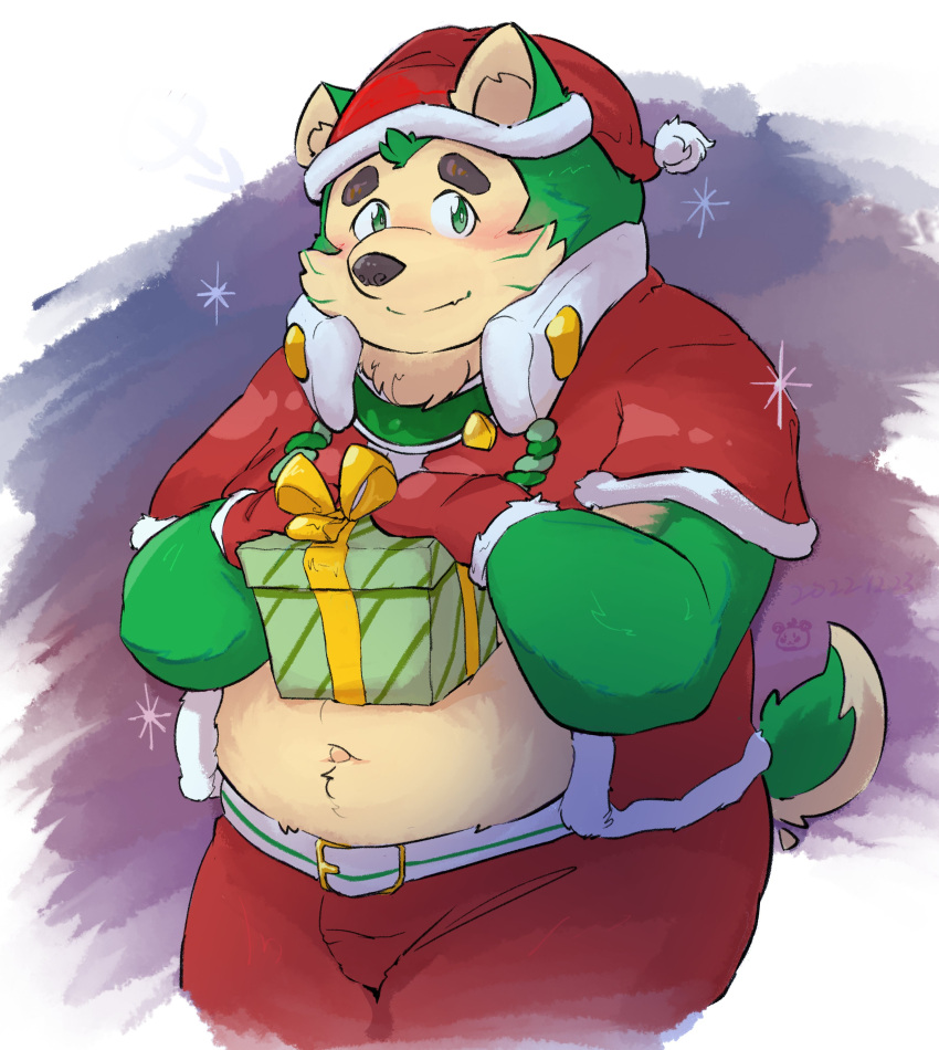 absurd_res anthro belly blush bottomwear canid canine canis christmas christmas_clothing christmas_headwear christmas_present clothing domestic_dog eyebrows fur green_body green_fur hat headgear headwear hi_res holidays lifewonders live-a-hero male mammal mokdai navel overweight santa_hat shorts smile solo thick_eyebrows xiongmaogumiao1