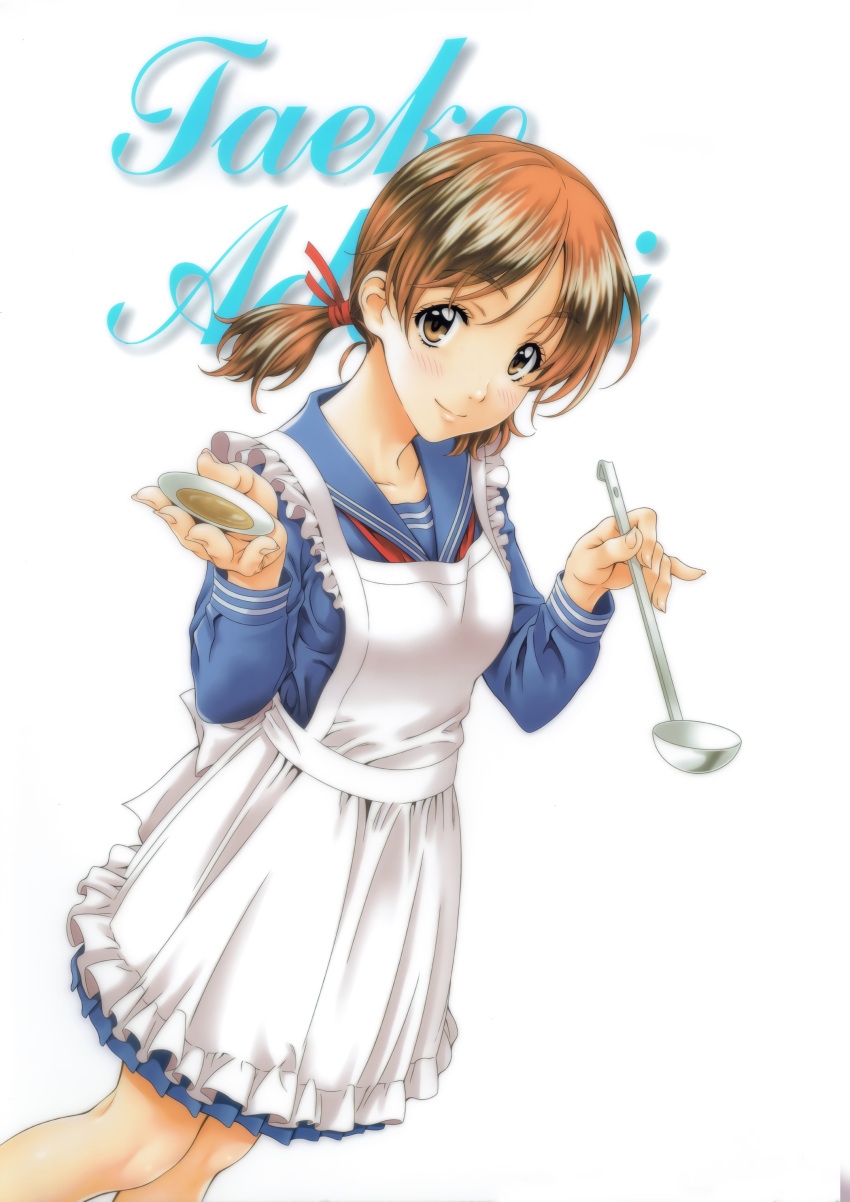 1girl absurdres adachi_taeko apron blue_skirt character_name cursive feet_out_of_frame highres holding holding_ladle holding_saucer kai_tomohisa ladle long_sleeves looking_at_viewer medium_hair non-web_source pleated_skirt saucer school_uniform sentimental_graffiti simple_background skirt smile solo twintails white_apron white_background