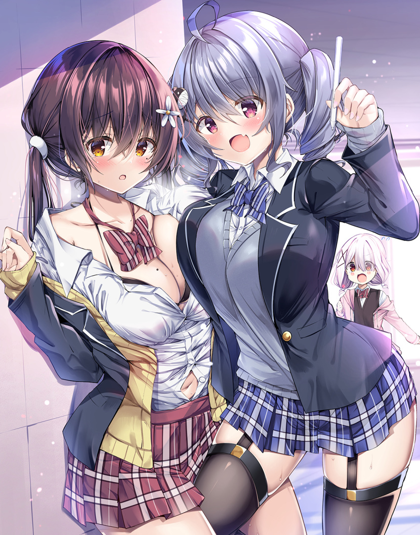 3girls :d :o ahoge black_thighhighs blazer blue_bow blue_bowtie blue_skirt bow bowtie breasts brown_eyes brown_hair character_request cleavage collarbone comic_cune commentary_request drill_hair fang flower garter_straps grey_hair grey_sweater_vest hair_between_eyes hair_flower hair_ornament highres holding holding_pencil jacket kurou_(quadruple_zero) large_breasts leg_between_thighs long_sleeves looking_at_viewer mole mole_on_breast multiple_girls navel ninose_shizuku open_mouth pencil plaid plaid_skirt red_bow red_bowtie red_eyes red_skirt shiny shiny_hair shirakawa_kokona shirt short_hair skin_fang skirt smile standing striped striped_bow striped_bowtie sweat sweater_vest thighhighs thighs twintails watashi_no_tame_ni_nuginasai! white_hair white_shirt yellow_sweater_vest