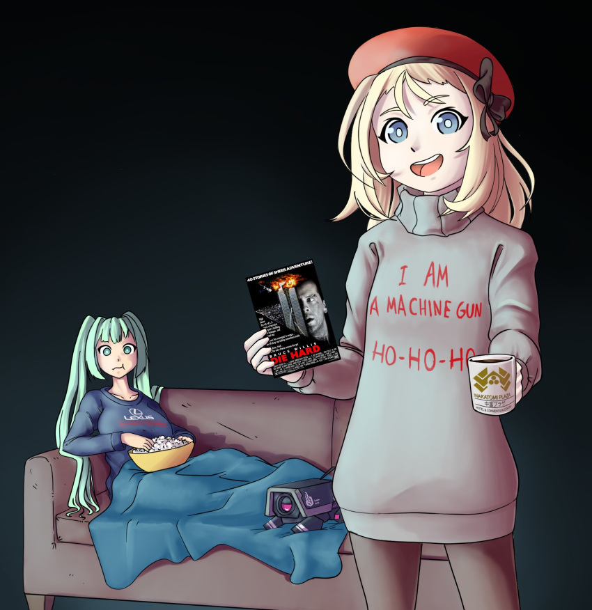 2girls bangs beret blanket blonde_hair blue_eyes breasts couch cup die_hard dinergate_(girls'_frontline) eating food girls'_frontline green_eyes green_hair hair_ribbon hat highres holding holding_cup john_mcclane large_breasts long_hair looking_at_viewer lying micro_uzi_(girls'_frontline) mp5_(girls'_frontline) multiple_girls open_mouth pantyhose popcorn ribbon short_hair simple_background small_breasts smile standing the_sourkraut turtleneck twintails