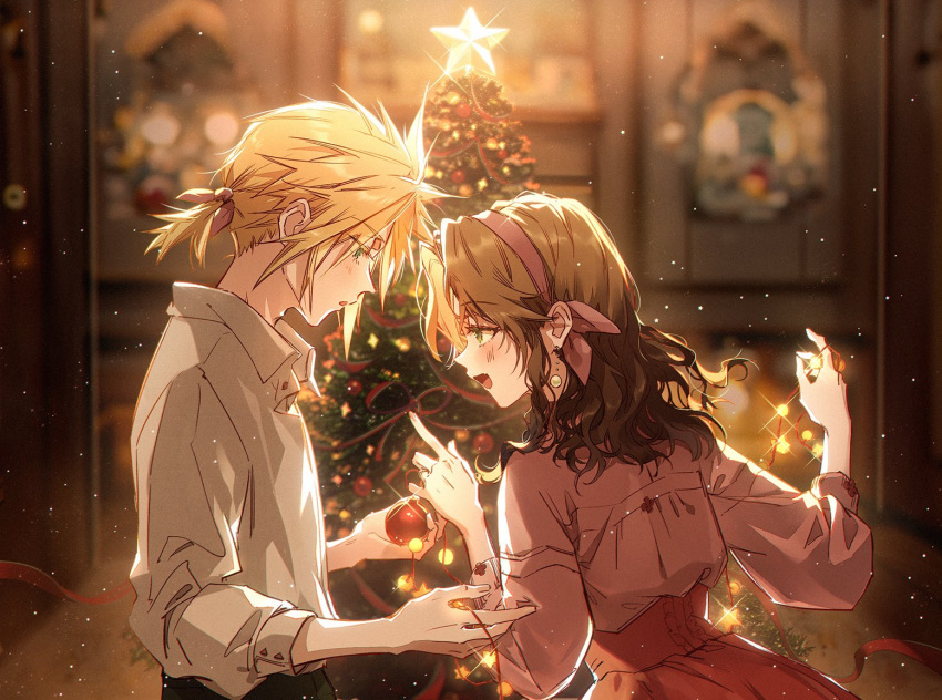 1boy 1girl aerith_gainsborough alternate_costume alternate_hairstyle bangs black_pants blue_eyes blurry blurry_background blush christmas christmas_tree cloud_strife collared_shirt earrings final_fantasy final_fantasy_vii final_fantasy_vii_remake green_eyes hair_between_eyes hair_ribbon hairband holding_ornament jewelry kieta long_sleeves looking_at_another low_ponytail medium_hair open_mouth pants parted_bangs pink_hairband pink_shirt puffy_long_sleeves puffy_sleeves red_skirt ribbon shirt sidelocks skirt sleeves_rolled_up smile spiked_hair upper_body w_arms wavy_hair white_shirt