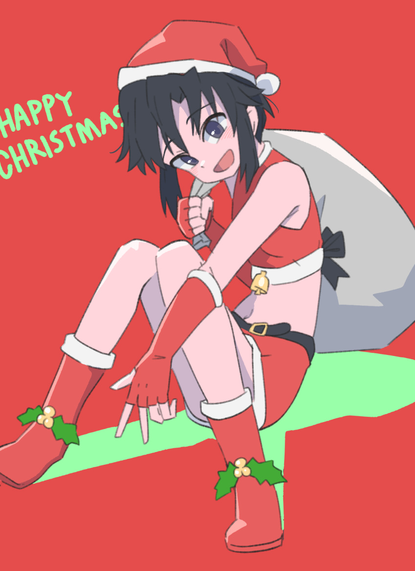 1girl bangs bell belt black_belt black_eyes black_hair boots christmas commentary crop_top english_commentary english_text fingerless_gloves gloves hat highres holding holding_sack holly idolmaster idolmaster_(classic) kikuchi_makoto looking_at_viewer merry_christmas midriff miniskirt ohgi910 open_mouth over_shoulder red_background red_gloves red_headwear red_shirt red_skirt sack santa_boots santa_gloves santa_hat shirt short_hair simple_background sitting skirt sleeveless sleeveless_shirt smile solo