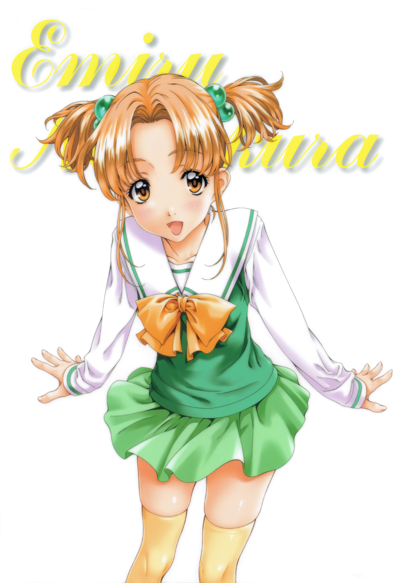 1990s_(style) 1girl absurdres brown_eyes brown_hair character_name cursive feet_out_of_frame green_skirt hair_bobbles hair_ornament highres kai_tomohisa long_sleeves looking_at_viewer miniskirt nagakura_emiru non-web_source official_art open_mouth retro_artstyle sentimental_graffiti short_twintails simple_background skirt solo thighhighs twintails white_background yellow_thighhighs zettai_ryouiki
