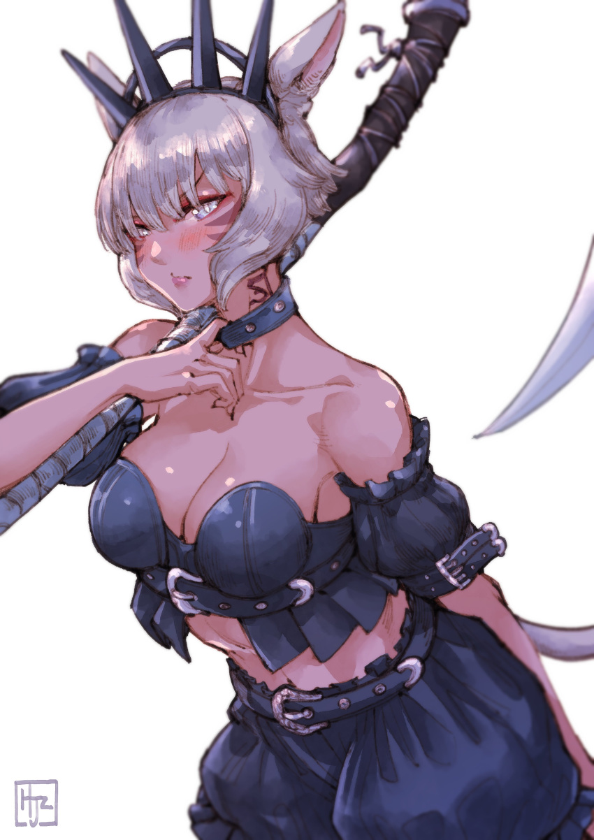 1girl absurdres animal_ears bangs bloomers blush breasts cat_ears cat_tail cleavage collar crop_top crown dark-skinned_female dark_skin detached_sleeves facial_mark final_fantasy final_fantasy_xiv grey_eyes grey_hair highres hjz_(artemi) looking_at_viewer medium_breasts midriff miqo'te neck_tattoo puffy_short_sleeves puffy_sleeves scythe short_hair short_sleeves solo strapless tail tattoo underwear whisker_markings white_background y'shtola_rhul