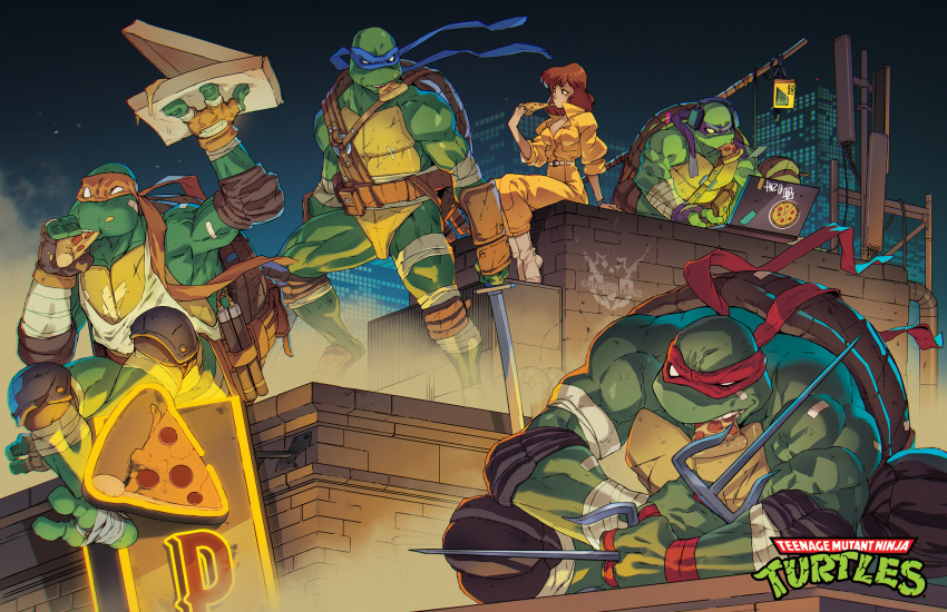 1girl 4boys april_o'neil armband bandaid bandaid_on_cheek bandaid_on_face bandana blue_mask boots breasts brown_hair city_lights cityscape cleavage commentary computer donatello_(tmnt) english_commentary fingerless_gloves food full_body gloves green_scales headphones highres holding holding_food jumpsuit katana knee_pads laptop leonardo_(tmnt) male_focus mask metalhanzo michelangelo_(tmnt) mouth_hold multiple_boys multiple_scars muscular muscular_male neon_lights new_york night ninja nunchaku on_roof orange_sash pepperoni pizza pizza_slice purple_mask raphael_(tmnt) red_mask reptile reptile_boy rooftop sai_(weapon) scales scar scenery shell staff sword teenage_mutant_ninja_turtles teeth turtle turtle_shell upper_teeth_only weapon western_comics_(style) white_eyes white_footwear yellow_jumpsuit