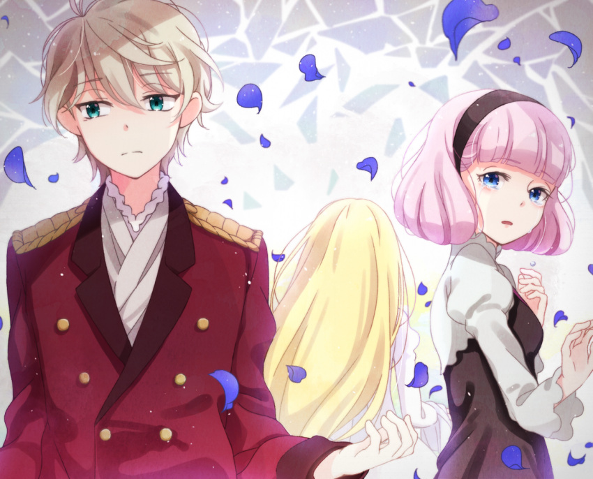 1boy 2girls aldnoah.zero aqua_eyes asseylum_vers_allusia bangs black_hairband black_vest blonde_hair blouse blue_eyes bob_cut closed_mouth clothing_request crying crying_with_eyes_open dress epaulettes facing_back from_behind hair_between_eyes hairband jacket lemrina_vers_envers light_frown long_hair long_sleeves looking_at_another looking_away looking_to_the_side multiple_girls parted_lips petals pink_hair red_jacket rirako shirt short_hair slaine_troyard tears upper_body vest white_dress white_shirt