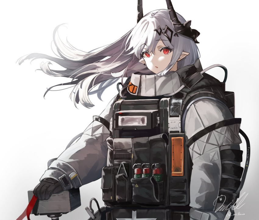 1girl :o arknights bands bangs black_gloves black_horns black_straps bomber_jacket commentary_request cropped_legs diamond_hair_ornament ear_piercing flashbang floating_hair gloves hair_between_eyes hand_on_weapon highres horns jacket long_hair long_sleeves looking_at_viewer milluun mudrock_(arknights) open_mouth parted_lips piercing pocket pointy_ears red_eyes red_ribbon ribbon simple_background solo solo_focus standing tactical_clothes upper_body war_hammer weapon white_background white_hair