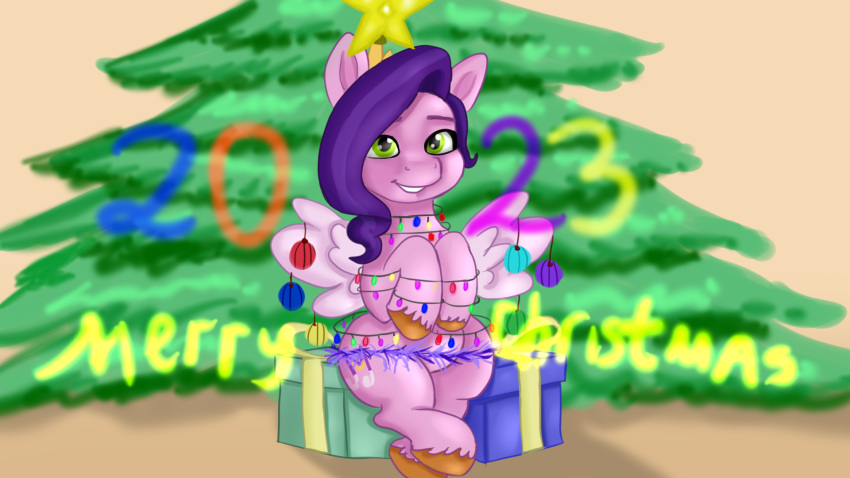 16:9 christmas christmas_decorations christmas_lights christmas_present christmas_tree equid equine female garland hasbro hi_res holidays horse jbond mammal mlp_g5 my_little_pony pegasus pipp_petals_(mlp) plant pony postcard solo text tree widescreen wings