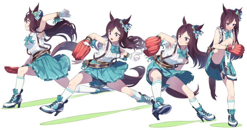 1girl absurdres animal_ears ball baseball baseball_mitt bike_shorts bow bowtie breasts brown_hair clenched_teeth collared_shirt gloves green_skirt high_heels highres holding holding_ball horse_ears horse_girl horse_tail kneehighs long_hair mejiro_dober_(umamusume) motion_blur multiple_views nishiki_kazue open_mouth purple_eyes sequential shirt simple_background skirt sleeveless small_breasts socks standing standing_on_one_leg suspender_skirt suspenders tail teeth throwing umamusume v-shaped_eyebrows white_background white_gloves white_shirt white_socks wristband