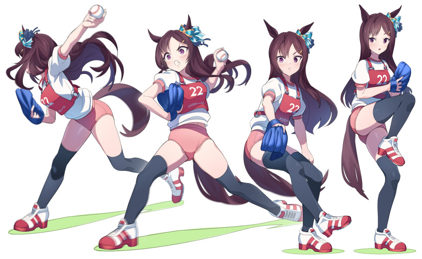 1girl absurdres animal_ears ball baseball baseball_mitt black_thighhighs blush brown_hair buruma clenched_teeth closed_mouth highres holding holding_ball horse_ears horse_girl horse_tail long_hair mejiro_dober_(umamusume) motion_blur multiple_views nishiki_kazue open_mouth pink_buruma puffy_short_sleeves puffy_sleeves purple_eyes race_bib sequential shirt shoes short_sleeves simple_background sneakers standing standing_on_one_leg tail teeth thighhighs throwing umamusume v-shaped_eyebrows white_background white_shirt