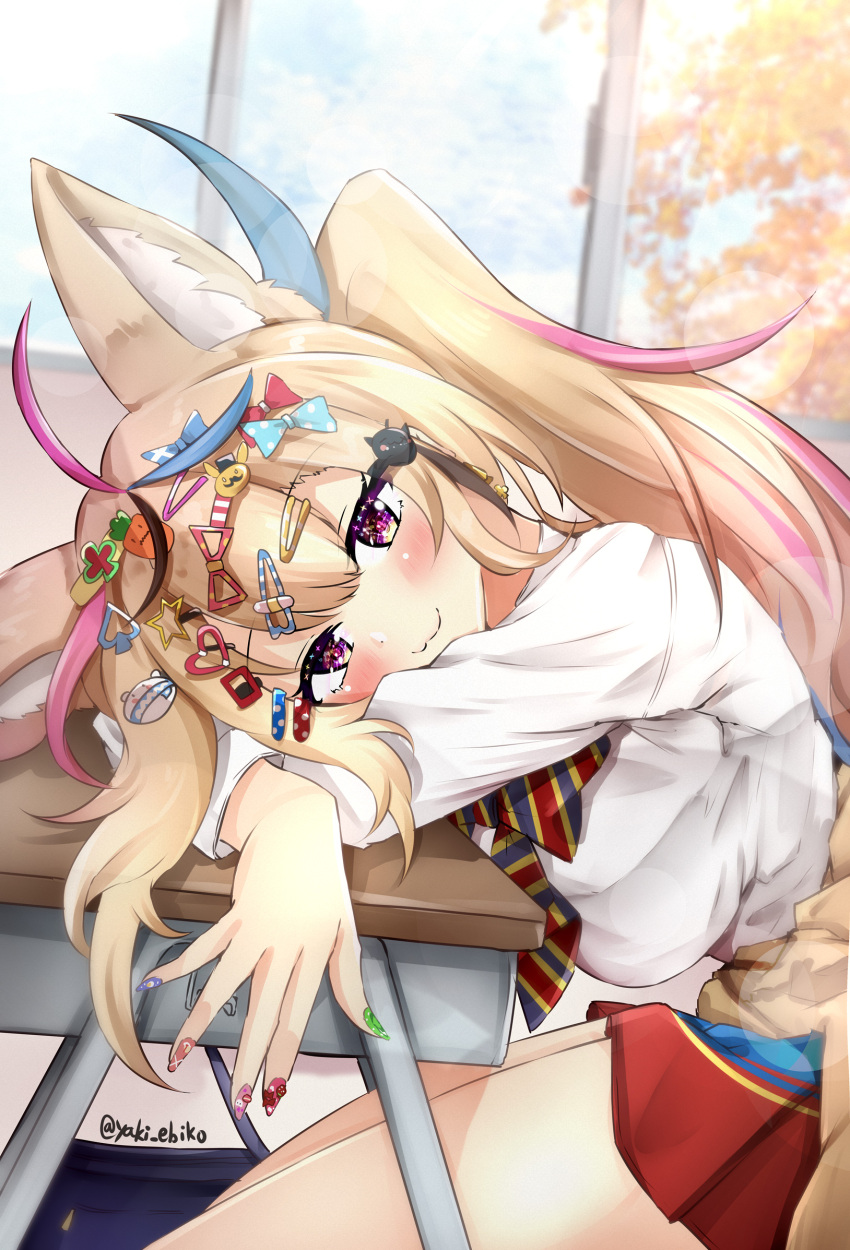 1girl animal_ears blonde_hair bow bowtie breast_press breasts classroom desk fox_ears from_side hair_ornament hairclip head_rest highres hololive indoors large_breasts long_hair long_sleeves looking_at_viewer miniskirt mr_lobster multicolored_hair multicolored_nails omaru_polka pink_hair purple_eyes school_desk school_uniform shirt side_ponytail sitting skirt smile solo streaked_hair striped striped_bow striped_bowtie twitter_username virtual_youtuber white_shirt