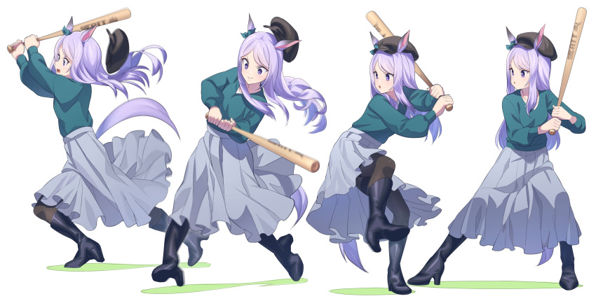 1girl absurdres animal_ears black_footwear black_headwear boots brown_pantyhose closed_mouth ear_bow green_shirt grey_skirt high_heel_boots high_heels highres horse_ears horse_girl horse_tail long_hair long_sleeves mejiro_mcqueen_(umamusume) motion_blur multiple_views nature nishiki_kazue open_mouth pantyhose purple_eyes sequential shirt shirt_tucked_in sideways_mouth simple_background skirt standing standing_on_one_leg tail thighband_pantyhose umamusume v-neck v-shaped_eyebrows white_background