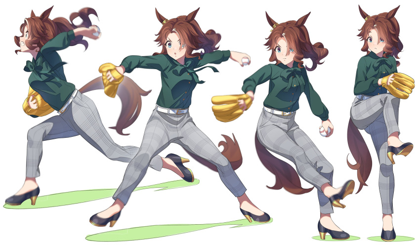 1girl :o absurdres animal_ears ball bangs baseball baseball_mitt belt breasts brown_hair clenched_teeth green_eyes green_shirt grey_pants high_heels highres holding holding_ball horse_ears horse_girl horse_tail long_sleeves medium_hair mejiro_palmer_(umamusume) motion_blur multicolored_hair multiple_views nishiki_kazue open_mouth pants parted_bangs ponytail shirt shirt_tucked_in simple_background small_breasts standing standing_on_one_leg streaked_hair tail teeth throwing umamusume v-shaped_eyebrows white_background