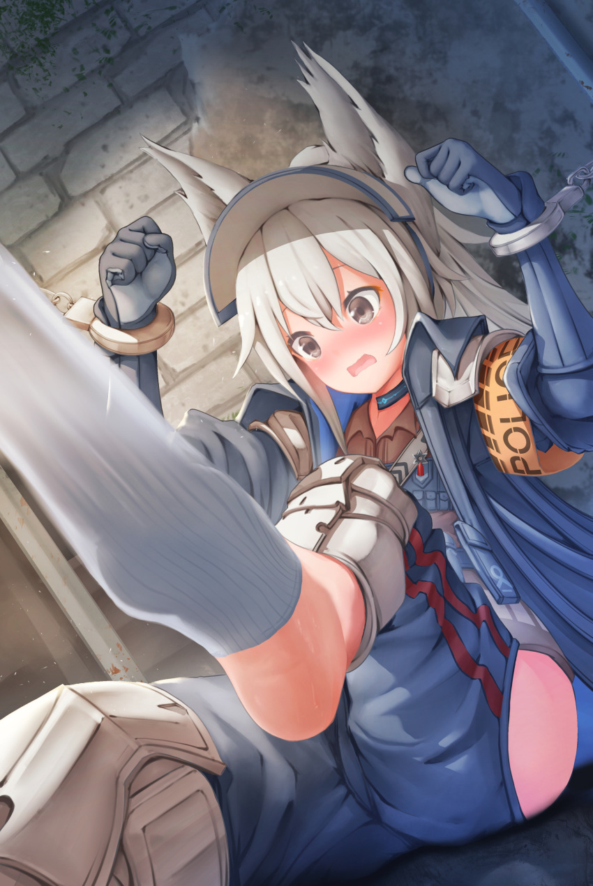 1girl absurdres animal_ears arknights armband blush brick_wall brown_eyes chain feet foot_focus gloves grani_(arknights) highres huan_yu no_shoes open_mouth restrained sock_pull socks soles