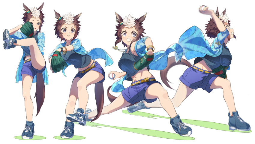 1girl absurdres animal_ears ball baseball baseball_mitt belt blue_jacket blue_shorts bracelet breasts brown_hair clenched_teeth closed_mouth highres holding holding_ball horse_ears horse_girl horse_tail jacket jewelry medium_breasts mejiro_ryan_(umamusume) midriff motion_blur multicolored_hair multiple_views navel necklace nishiki_kazue open_mouth purple_eyes sequential shoes short_hair short_shorts shorts simple_background sneakers standing standing_on_one_leg tail tank_top teeth throwing two-tone_hair umamusume v-shaped_eyebrows watch white_background wristwatch