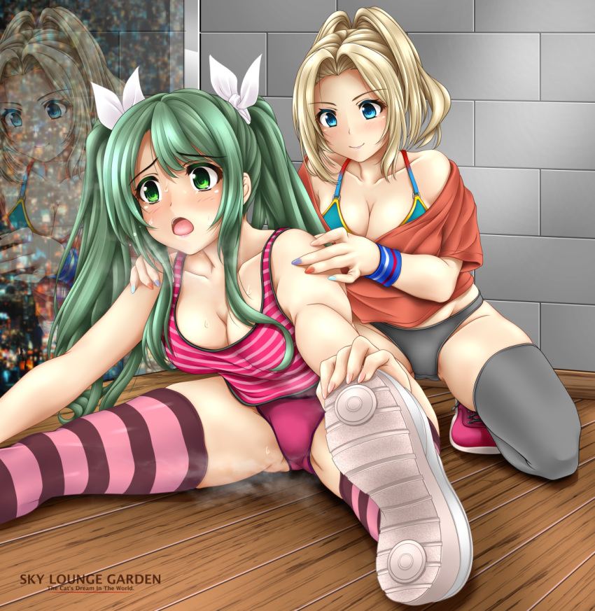 2girls artist_name assisted_stretching bangs bare_arms bare_shoulders behind_another bikini bikini_under_clothes black_panties black_thighhighs blonde_hair blue_bikini blue_eyes blue_nails breasts city city_lights cleavage closed_mouth collarbone commentary_request commission crop_top d4dj fingernails green_eyes green_hair groin hair_intakes hair_ribbon halterneck hands_on_another's_shoulders hands_on_feet highres indoors large_breasts leaning_forward long_hair looking_at_viewer looking_away medium_breasts medium_hair midriff multicolored_nails multiple_girls nail_polish no_pants off-shoulder_shirt off_shoulder on_floor open_mouth orange_shirt outstretched_arms panties parted_bangs pink_footwear pink_nails pink_panties pink_tank_top pink_thighhighs ponytail raised_eyebrows red_nails reflection ribbon sasago_jennifer_yuka shimizu_esora shirt shoe_soles shoes short_sleeves sitting skeb_commission smile sneakers spread_legs squatting steaming_body stretching striped striped_tank_top striped_thighhighs sweat sweatband swimsuit tank_top teeth thighhighs tomoya_kankurou twintails underwear upper_teeth_only white_footwear white_ribbon window wooden_floor wristband