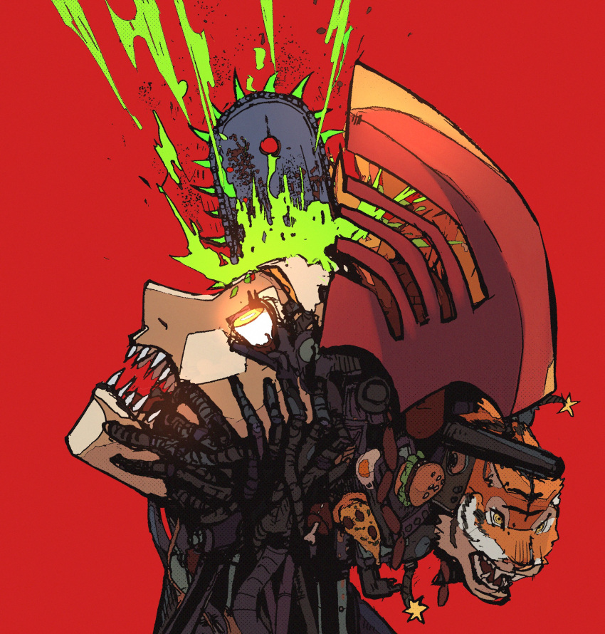 1girl absurdres blonde_hair blood blood_splatter burger chainsaw chainsaw_man denji_(chainsaw_man) egg food glowing glowing_eyes green_blood highres looking_up open_mouth pizza red_background sharp_teeth short_hair simple_background solo teeth tiger transformation yakutzan yellow_eyes