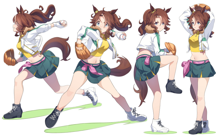 1girl absurdres animal_ears arms_up asymmetrical_footwear ball bangs baseball baseball_mitt black_footwear breasts brown_hair clenched_teeth closed_mouth crop_top cropped_jacket green_eyes green_skirt high_tops highres holding holding_ball horse_ears horse_girl horse_tail jacket long_sleeves looking_at_viewer medium_hair mejiro_palmer_(umamusume) midriff mismatched_footwear motion_blur multicolored_hair multiple_views navel nishiki_kazue parted_bangs ponytail sequential shirt shoes simple_background skirt small_breasts sneakers standing standing_on_one_leg streaked_hair tail teeth throwing umamusume v-shaped_eyebrows white_background white_footwear white_jacket yellow_shirt