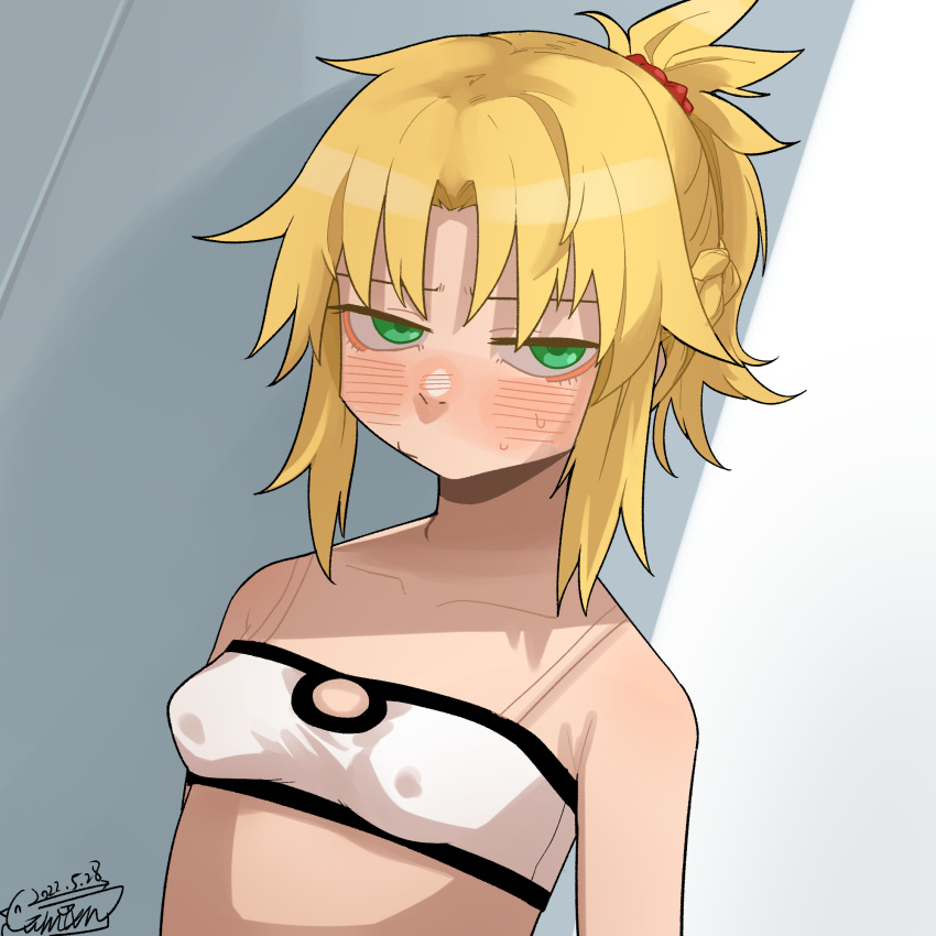 1girl bandeau bangs blonde_hair blush breasts closed_mouth dated fate/apocrypha fate/grand_order fate_(series) green_eyes guman_project hair_ornament hair_scrunchie highres looking_at_viewer mordred_(fate) mordred_(fate/apocrypha) paid_reward_available ponytail red_scrunchie scrunchie signature simple_background small_breasts solo sweat upper_body white_bandeau