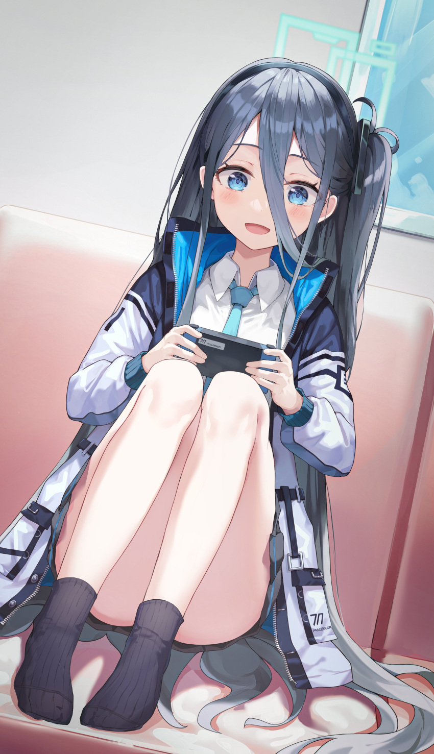 1girl :d absurdres aris_(blue_archive) bangs black_hair black_socks blue_archive blue_coat blue_eyes blue_necktie blush coat collared_shirt commentary convenient_leg couch dutch_angle full_body hair_between_eyes halo handheld_game_console highres indoors knees_to_chest legs_together long_hair long_sleeves looking_at_phone necktie on_couch one_side_up open_clothes open_coat open_mouth phone pocket shirt sidelocks sitting sitting_on_hair smile socks solo solo_focus striped striped_socks vertical-striped_socks vertical_stripes very_long_hair window yeolyeo zipper