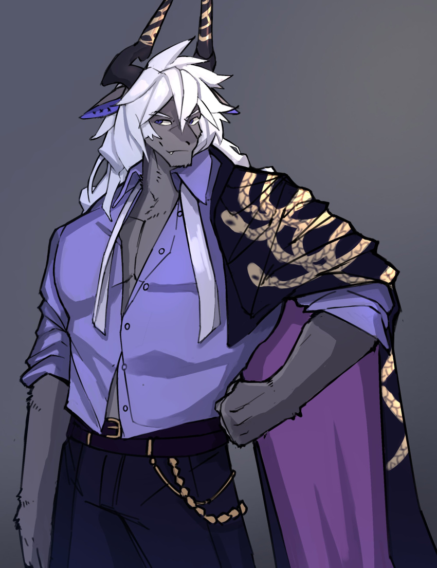 7theaven absurd_res anthro blue_eyes dragon hair hi_res horn istvan_(alchemy_stars) male messy_clothing muscular muscular_male pecs solo undone_tie white_hair