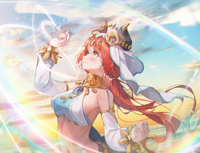 1girl :d aqua_eyes blue_nails blush bracer breasts brooch circlet cloud commentary crop_top detached_sleeves fake_horns floating_hair from_side genshin_impact gold_trim hand_up highres horns jewelry long_hair long_sleeves looking_up low_twintails medium_breasts nail_polish navel neck_ring nilou_(genshin_impact) parted_lips patch_oxxo puffy_long_sleeves puffy_sleeves rainbow red_hair revision shirt sky smile solo stomach twintails upper_body water water_drop white_shirt