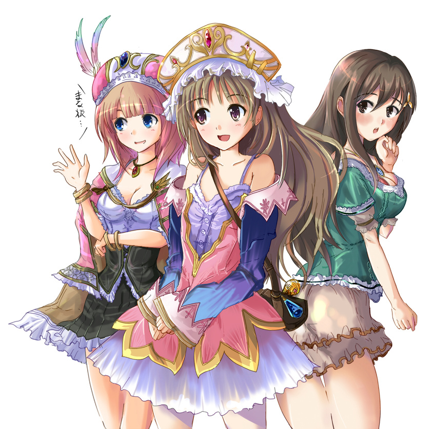 3girls atelier atelier_(series) atelier_totori bag blue_eyes blush breasts brown_eyes brown_hair cecilia_helmold cleavage detached_sleeves echizen echizen_(hvcv) flat_chest hair_ornament hairpin hat jewelry long_hair multiple_girls necklace pink_hair rororina_fryxell shawl skirt totooria_helmold