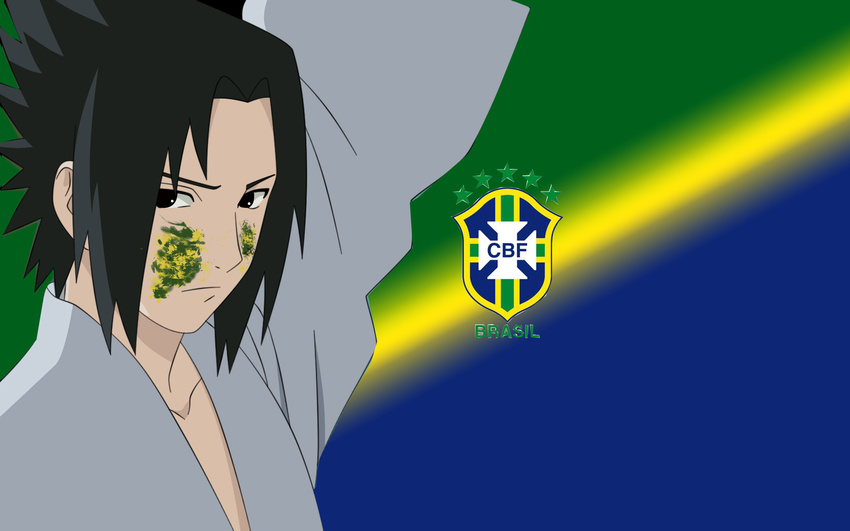 artist_request brazil camo camouflage crest football gradient gradient_background highres male_focus naruto soccer solo uchiha_sasuke world_cup