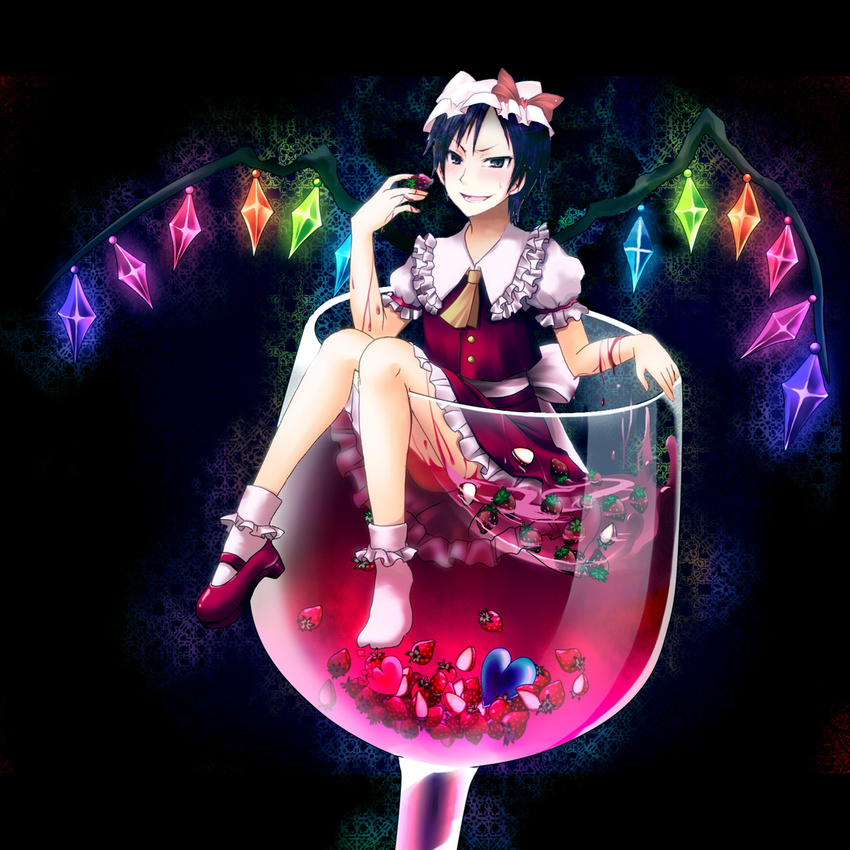 black_eyes black_hair blood bow cosplay crossdressing cup durarara!! flandre_scarlet flandre_scarlet_(cosplay) food frills fruit highres in_container in_cup male_focus minigirl orihara_izaya shoes single_shoe socks solo strawberry third-party_edit touhou wings