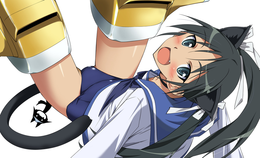 1girl animal_ears black_hair blush choker cosplay extraction fang female francesca_lucchini green_eyes hair_ribbon highres kurashima_tomoyasu long_hair miyafuji_yoshika miyafuji_yoshika_(cosplay) object_on_head one-piece_swimsuit open_mouth panties panties_on_head ribbon school_swimsuit school_uniform seifuku serafuku silhouette_demon simple_background solo strike_witches striker_unit striped striped_panties swimsuit swimsuit_under_clothes tail transparent_background twintails underwear vector vector_trace wardrobe_error