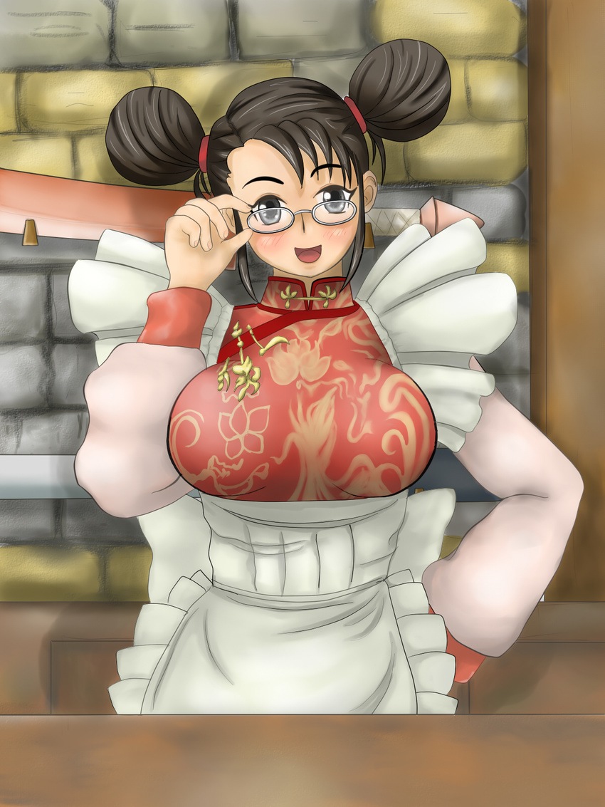 apron black_eyes blush breasts brown_hair china_dress chinadress chinese_clothes double_bun double_buns dress female galguizer glasses hair_bun highres hualin long_hair open_mouth solo soul_calibur soul_calibur_iii soulcalibur_iii