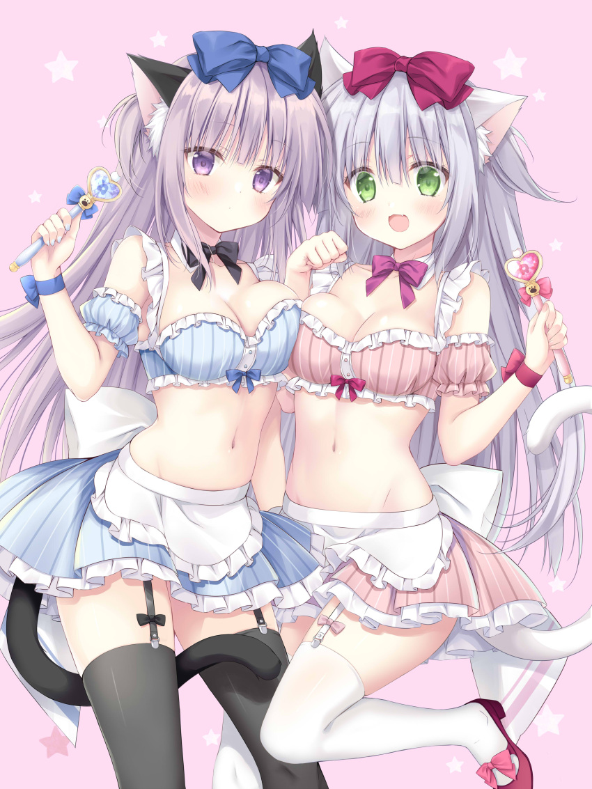 2girls :d absurdres airi_(alice_or_alice) alice_or_alice animal_ear_fluff animal_ears apron bangs bare_shoulders black_thighhighs blue_bow blue_skirt blue_sleeves blush bow breasts cat_ears cat_girl cat_tail cleavage closed_mouth commentary_request detached_sleeves frilled_apron frilled_skirt frills green_eyes grey_hair hair_between_eyes hair_bow heart high_heels highres holding holding_wand korie_riko medium_breasts multiple_girls navel pink_background pink_skirt pink_sleeves puffy_short_sleeves puffy_sleeves purple_bow purple_eyes red_bow red_footwear rise_(alice_or_alice) shoes short_sleeves simple_background skirt smile starry_background striped striped_skirt tail thighhighs vertical-striped_skirt vertical_stripes waist_apron wand white_apron white_thighhighs