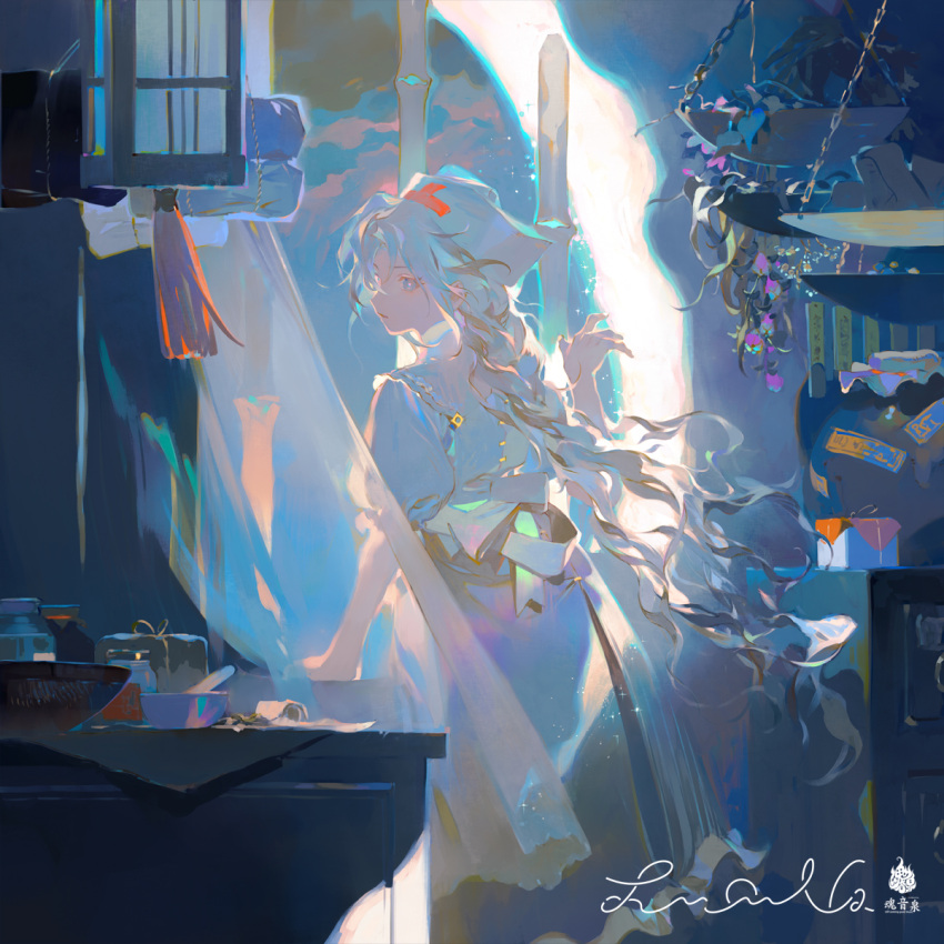 1girl blue_dress blue_eyes blue_theme character_request dress feet_out_of_frame from_behind hairband highres indoors looking_at_viewer looking_back mortar original pestle plate red_hairband rei_(sanbonzakura) ribbon signature solo standing tassel white_ribbon