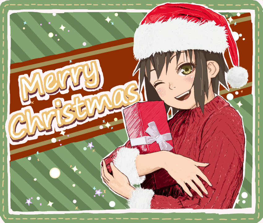 1girl blush box brown_eyes brown_hair christmas drawfag fang fur-trimmed_headwear fur_trim gift gift_box hat highres holding holding_gift kusakabe_misao looking_at_viewer lucky_star merry_christmas one_eye_closed open_mouth pom_pom_(clothes) red_headwear red_sweater santa_hat short_hair smile solo sweater teeth upper_body upper_teeth_only