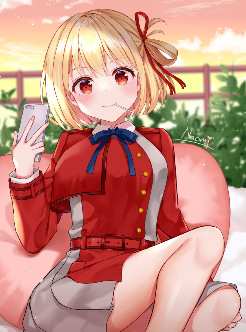 1girl absurdres bangs bob_cut cellphone cloud dress feet_out_of_frame gradient_sky grey_dress hair_ribbon highres looking_at_viewer lycoris_recoil lycoris_uniform mouth_hold naomi_(fantasia) nishikigi_chisato orange_sky phone pleated_dress railing red_dress red_eyes red_ribbon ribbon short_hair sitting sky smile solo two-tone_dress white_hair