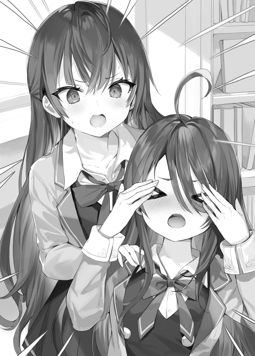 &gt;_&lt; 2girls absurdres ahoge bangs blazer blush bookshelf breasts collarbone collared_jacket collared_shirt commentary_request covering_own_eyes crossed_bangs dress frown greyscale hair_between_eyes hair_over_shoulder hands_on_another's_shoulders head_tilt highres indoors jacket kimishima_ayano long_hair long_sleeves loose_neck_ribbon lower_teeth_only medium_breasts messy_hair momoko_(momopoco) monochrome multiple_girls neck_ribbon open_clothes open_jacket open_mouth pleated_blazer pleated_dress pleated_shirt pleated_sleeves ribbon school_uniform shirt shouting sidelocks suou_yuki surprised sweat sweatdrop swept_bangs teeth tokidoki_bosotto_roshia-go_de_dereru_tonari_no_arya-san upper_teeth_only very_long_hair window