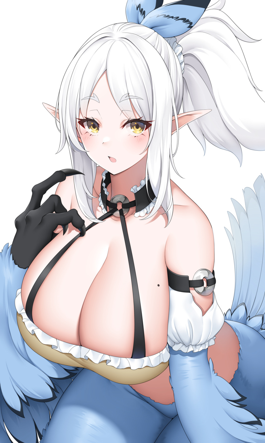 1girl absurdres animal_hands bare_shoulders bird_tail blue_feathers blue_wings blush breasts claws cleavage commission detached_sleeves feathered_wings feathers gloves hand_up harpy highres huge_breasts looking_at_viewer mole mole_on_breast monster_girl open_mouth original pointy_ears ponytail sidelocks simple_background skeb_commission suruga_(xsurugax) tail tail_feathers thick_thighs thighs white_background white_hair winged_arms wings yellow_eyes