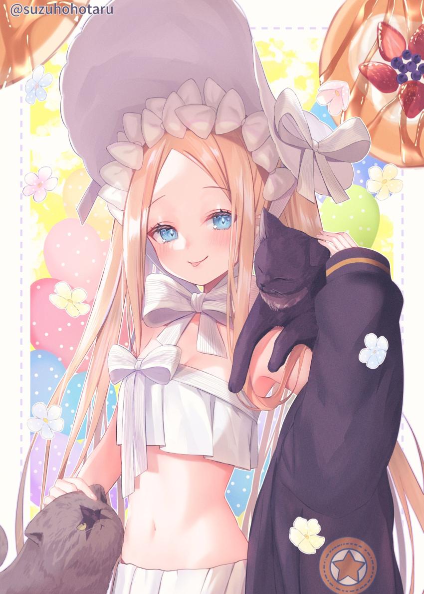 1girl abigail_williams_(fate) abigail_williams_(swimsuit_foreigner)_(fate) abigail_williams_(swimsuit_foreigner)_(third_ascension)_(fate) bangs bare_shoulders bikini black_cat black_jacket blonde_hair blue_eyes blush bonnet bow breasts cat fate/grand_order fate_(series) forehead hair_bow highres jacket long_hair looking_at_viewer miniskirt navel parted_bangs sidelocks skirt small_breasts smile suzuho_hotaru swimsuit tongue tongue_out twintails very_long_hair white_bikini white_bow white_headwear