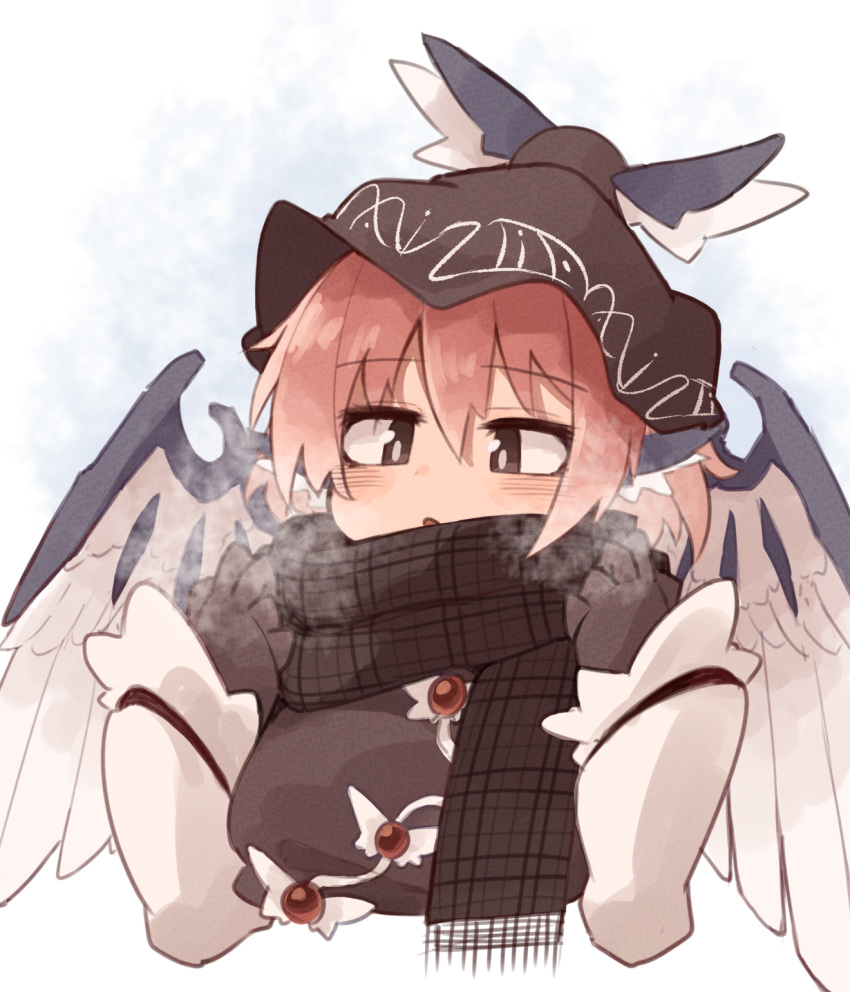 1girl animal_ears bird_ears bird_wings blush brown_dress brown_eyes brown_gloves brown_headwear brown_scarf dress gloves hair_between_eyes hat highres kaginoni long_sleeves mystia_lorelei parted_lips pink_hair scarf short_hair solo touhou upper_body white_wings winged_hat wings