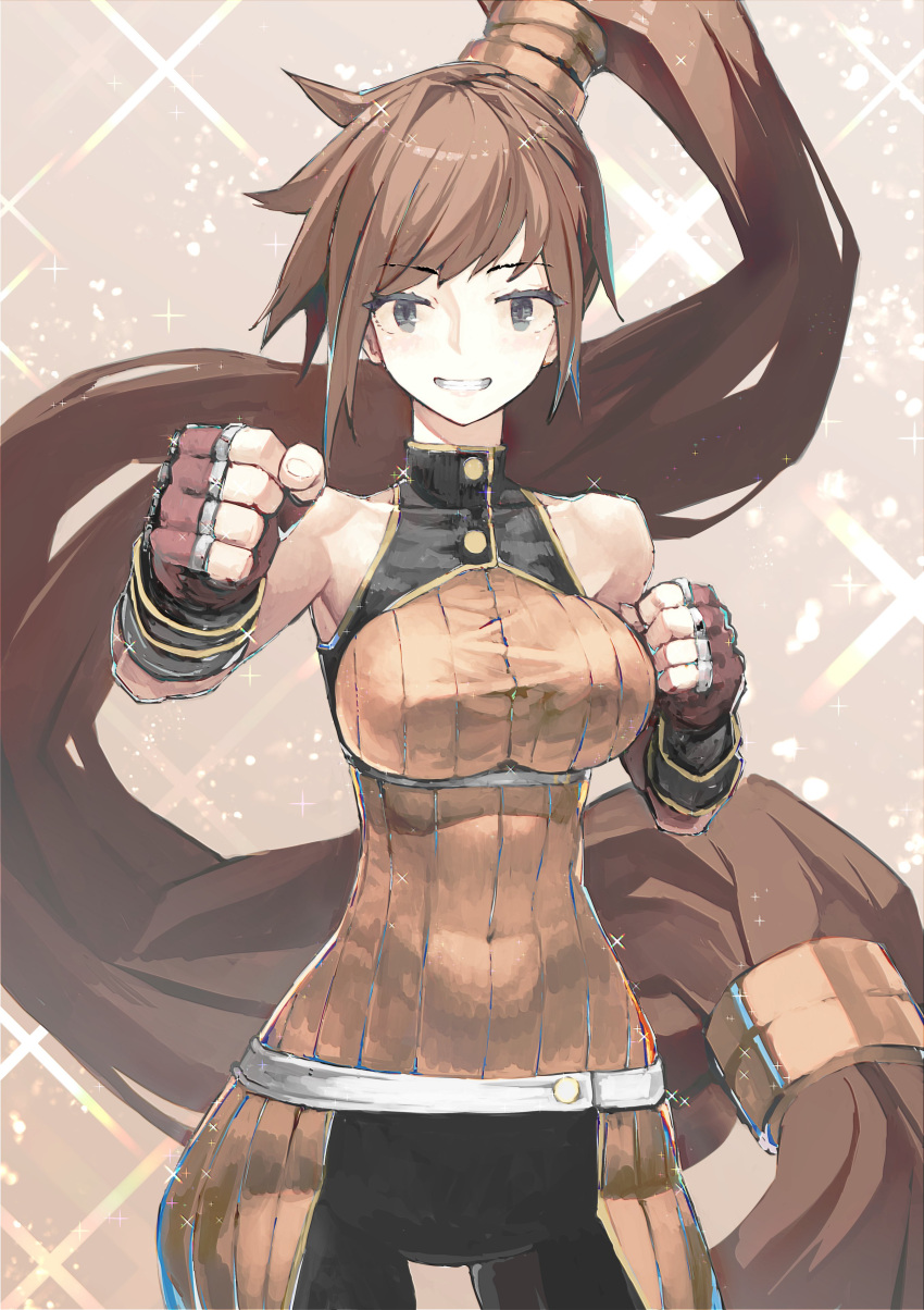 1girl absurdres bangs breasts brown_eyes brown_hair covered_navel cowboy_shot dnf_duel dungeon_and_fighter fighter_(dungeon_and_fighter) fingerless_gloves gloves grin highres long_hair looking_at_viewer medium_breasts ponytail smile solo tefec very_long_hair