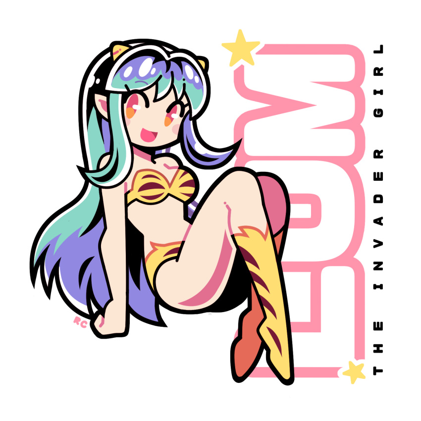 1girl :d artsy-rc bikini blue_hair blush_stickers boots character_name highres horns loincloth long_hair looking_at_viewer lum red_eyes smile solo striped striped_bikini swimsuit urusei_yatsura yellow_bikini yellow_footwear