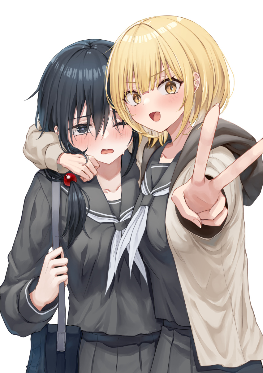 1girl 2girls arm_around_shoulder bag black_eyes black_hair black_serafuku black_shirt black_skirt blush cardigan grey_cardigan hair_between_eyes hair_ornament highres long_hair looking_at_viewer low_twintails multiple_girls one_eye_closed open_cardigan open_clothes open_mouth original piripun school_uniform serafuku shirt short_hair shoulder_bag simple_background skirt solo twintails v white_background yellow_eyes yuri