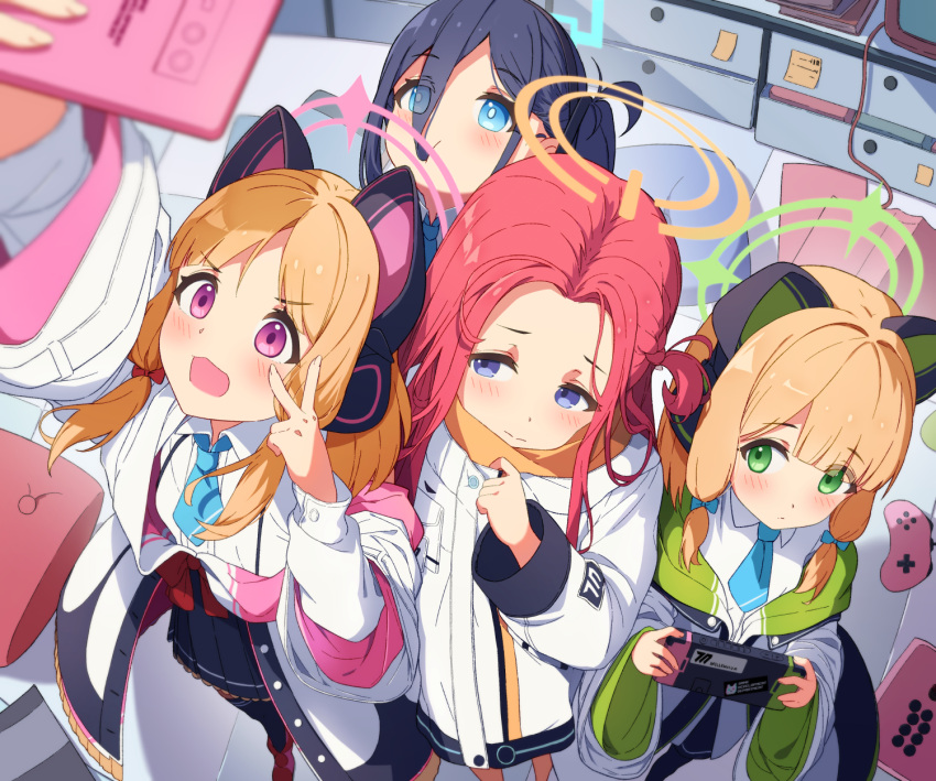 4girls :d animal_ear_headphones animal_ears aris_(blue_archive) arm_up bangs black_hair black_shorts black_skirt black_thighhighs blonde_hair blue_archive blue_bow blue_eyes blue_necktie blush bow cellphone closed_mouth collared_shirt commentary controller english_commentary eyes_visible_through_hair fake_animal_ears game_controller green_eyes hair_between_eyes hair_bow halo headphones highres holding holding_phone indoors jacket midori_(blue_archive) momoi_(blue_archive) multiple_girls necktie nintendo_switch open_clothes open_jacket phone pink_footwear pleated_skirt power_symbol purple_eyes red_bow red_hair seero selfie shirt shoes short_shorts shorts siblings sidelocks sisters skirt smile thighhighs twins v white_jacket white_shirt yuzu_(blue_archive)