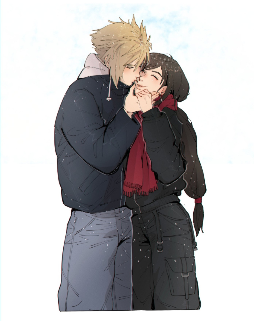 1boy 1girl bangs black_hair black_pants blonde_hair casual closed_eyes cloud_strife coat commentary couple cowboy_shot cropped_legs earrings final_fantasy final_fantasy_vii final_fantasy_vii_remake grey_pants hand_on_another's_face hand_on_another's_hand height_difference highres jewelry kiss lips long_hair low-tied_long_hair pants parted_lips perlmuttt red_scarf scarf single_earring snowing spiked_hair swept_bangs symbol-only_commentary tifa_lockhart winter_clothes winter_coat