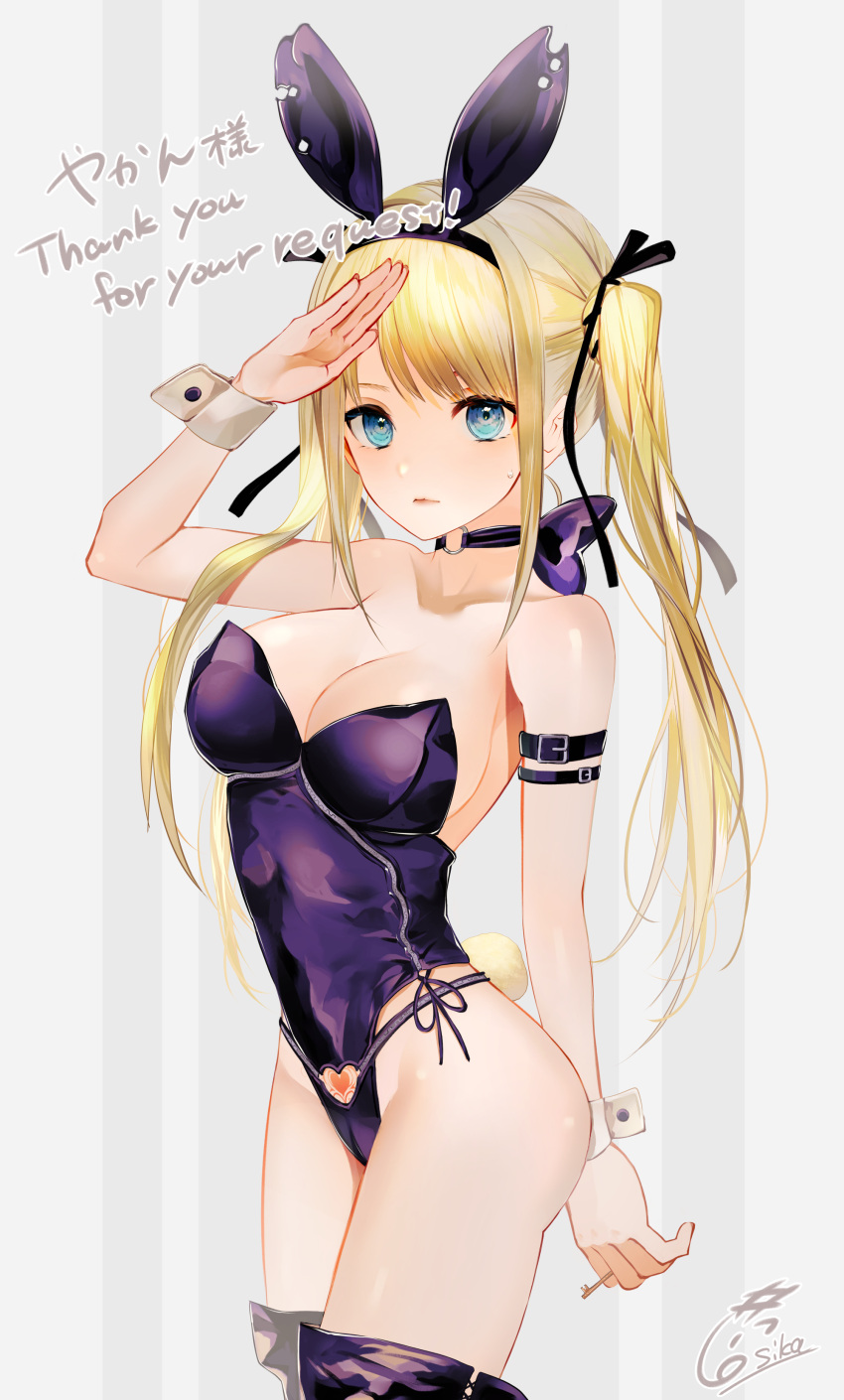 1girl absurdres animal_ears arm_behind_back arm_strap bare_hips black_hairband black_ribbon blonde_hair blue_eyes boots closed_mouth clothing_cutout collarbone commission dead_or_alive dead_or_alive_5 fake_animal_ears fake_tail hair_ribbon hairband heart_cutout highleg highleg_leotard highres hitotsuyama_jitan holding holding_key key leotard long_hair marie_rose playboy_bunny pubic_tattoo purple_footwear purple_leotard rabbit_ears rabbit_tail ribbon salute signature skeb_commission solo standing strapless strapless_leotard striped striped_background sweatdrop tail tattoo thank_you thigh_boots twintails very_long_hair wrist_cuffs