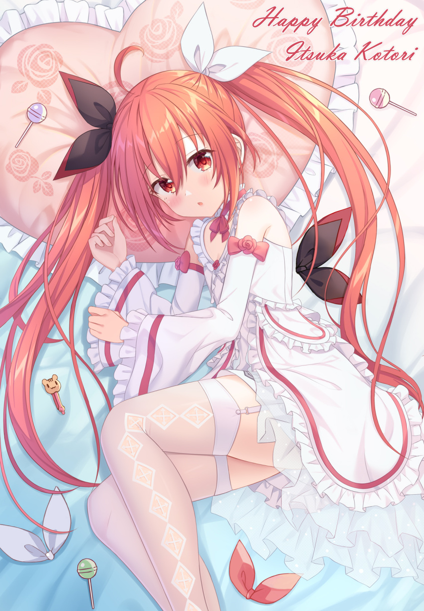 1girl ahoge argyle argyle_legwear bangs bare_shoulders bed_sheet birthday black_ribbon blush bow breasts candy chestnut cleavage date_a_live detached_sleeves dress eyelashes floral_print flower food frilled_dress frilled_pillow frilled_sleeves frills fringe_trim hair_between_eyes hair_ribbon happy_birthday head_on_pillow heart heart_pillow highres itsuka_kotori lollipop long_hair long_legs long_sleeves looking_at_viewer lying neck_ribbon on_side open_mouth pillow raised_eyebrows red_bow red_eyes red_flower red_hair red_ribbon red_rose ribbon rose rose_print sidelocks sleeveless sleeveless_dress small_breasts solo thighhighs thighs tsubasaki twintails very_long_hair white_dress white_garter_belt white_ribbon white_thighhighs wide_sleeves