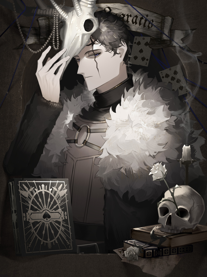 1boy absurdres beads black_clover black_hair blue_eyes book book_stack candle candle_wax capelet deer_skull facial_mark five_of_spades flower frit_2 fur_capelet fur_coat grimoire highres looking_at_viewer rose seven_of_spades skull solo spade_(shape) white_flower white_rose zenon_zogratis