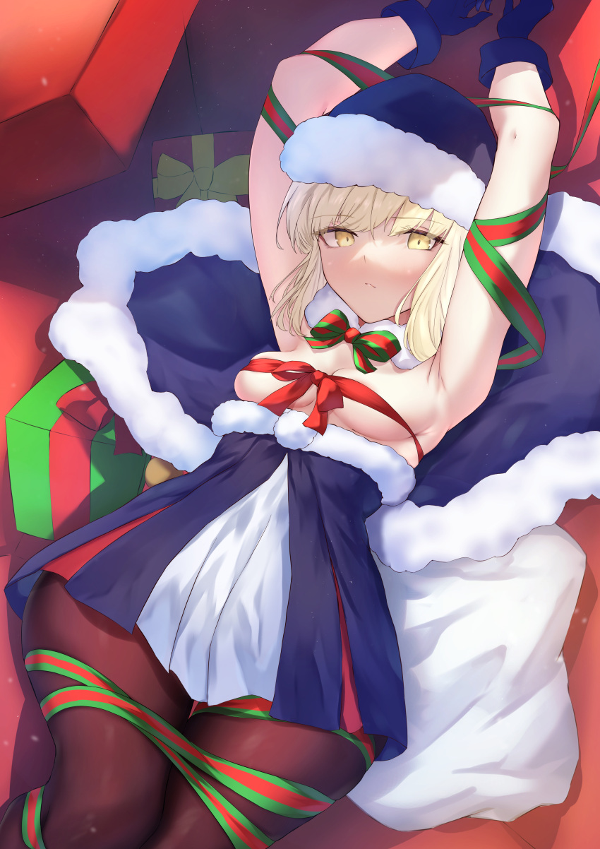 1girl absurdres armpits arms_up artoria_pendragon_(fate) bare_shoulders blonde_hair blue_capelet blue_gloves blush bow bowtie breasts breasts_out capelet christmas christmas_present clothes_pull dress dress_pull expressionless fate/grand_order fate_(series) fur-trimmed_capelet fur-trimmed_dress fur-trimmed_headwear fur_trim gift gloves hat highres knees_up looking_at_viewer lying no_bra okuma707 on_back pantyhose ribbon_bra saber_alter santa_alter santa_hat skindentation small_breasts solo staring yellow_eyes