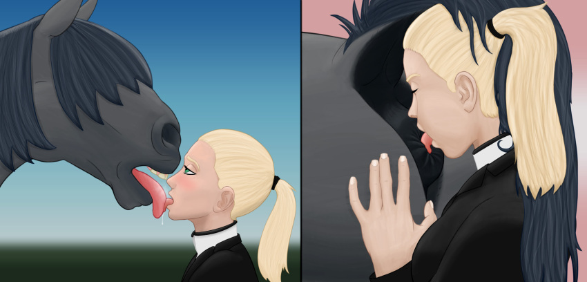 abstract_background accessory ambiguous_gender anal anus bestiality blonde_hair comic duo equid equine equine_anus eyes_closed female female/ambiguous feral green_eyes hair hair_accessory hair_over_eyes hairband hashmere hi_res horse human human_on_feral interspecies kissing lips mammal open_mouth oral ponytail_(hair) raised_tail rimming sex two_panel_image